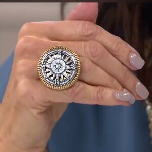 Patricia Nash NWOT Twotone Compass Ring Goldtone Silvertone Black Enamel Size 10